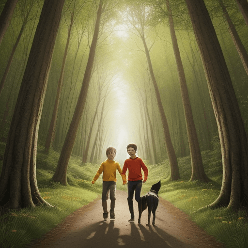 AI generated: Illustrate the heartwarming scene of Lucas, a joyful young boy with a radiant smile, strolling throu...