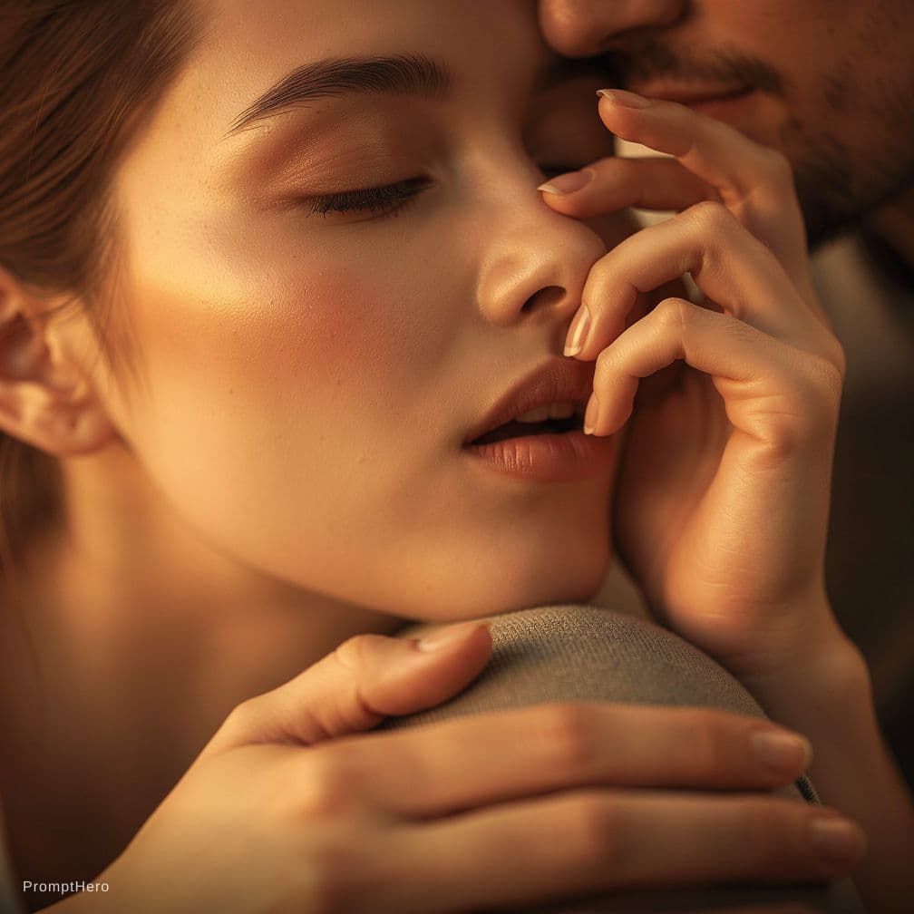 AI generated: Close-up on a woman's face, her eyes closed, a delicate flush on her cheeks, and lips slightly parte...