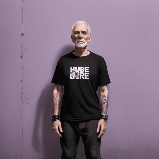 AI generated: photography, full-body, older man model standing against a textured rustic purple wall, giving off a...