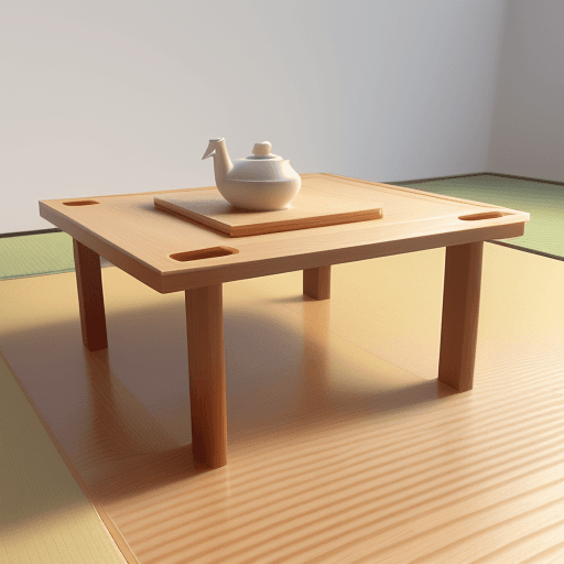 AI generated: A modern Japanese tea table with clean lines, sustainable materials, 3D-printed joints, warm wood to...