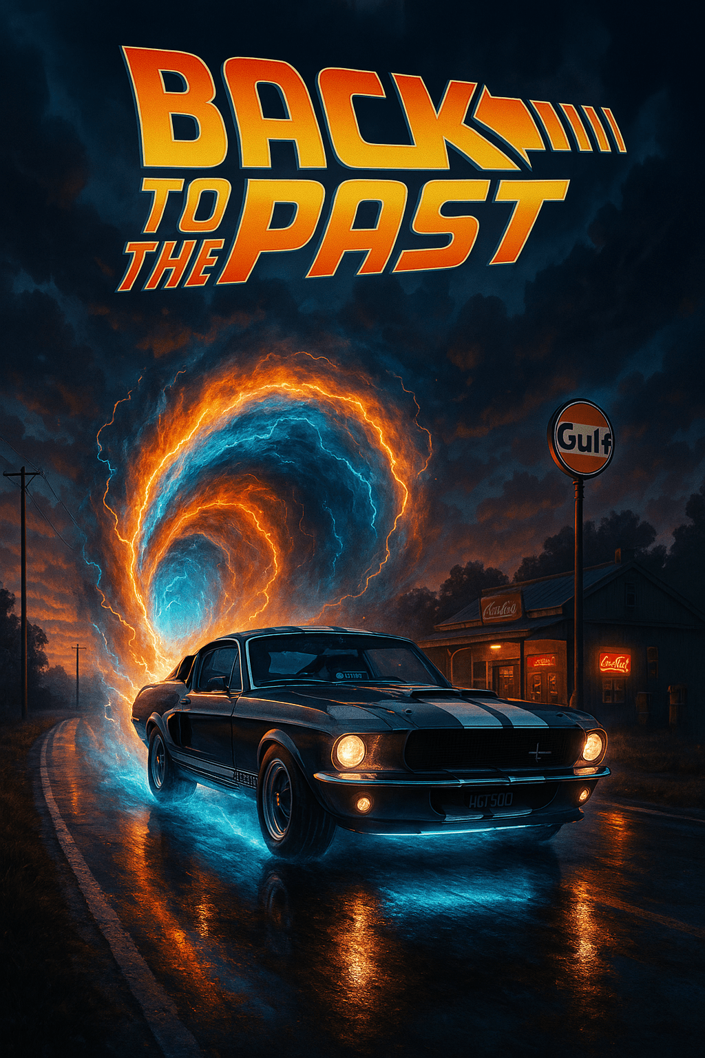 AI generated: A movie poster for a time travel film titled "Back to the Past". A 1967 Mustang Shelby GT500 bursts ...