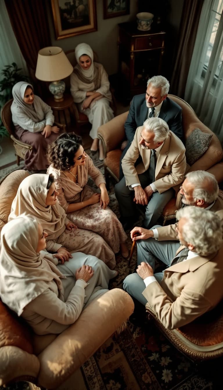 AI generated: A high-angle shot of a traditional Iranian engagement gathering in a spacious 1950s home. The living...