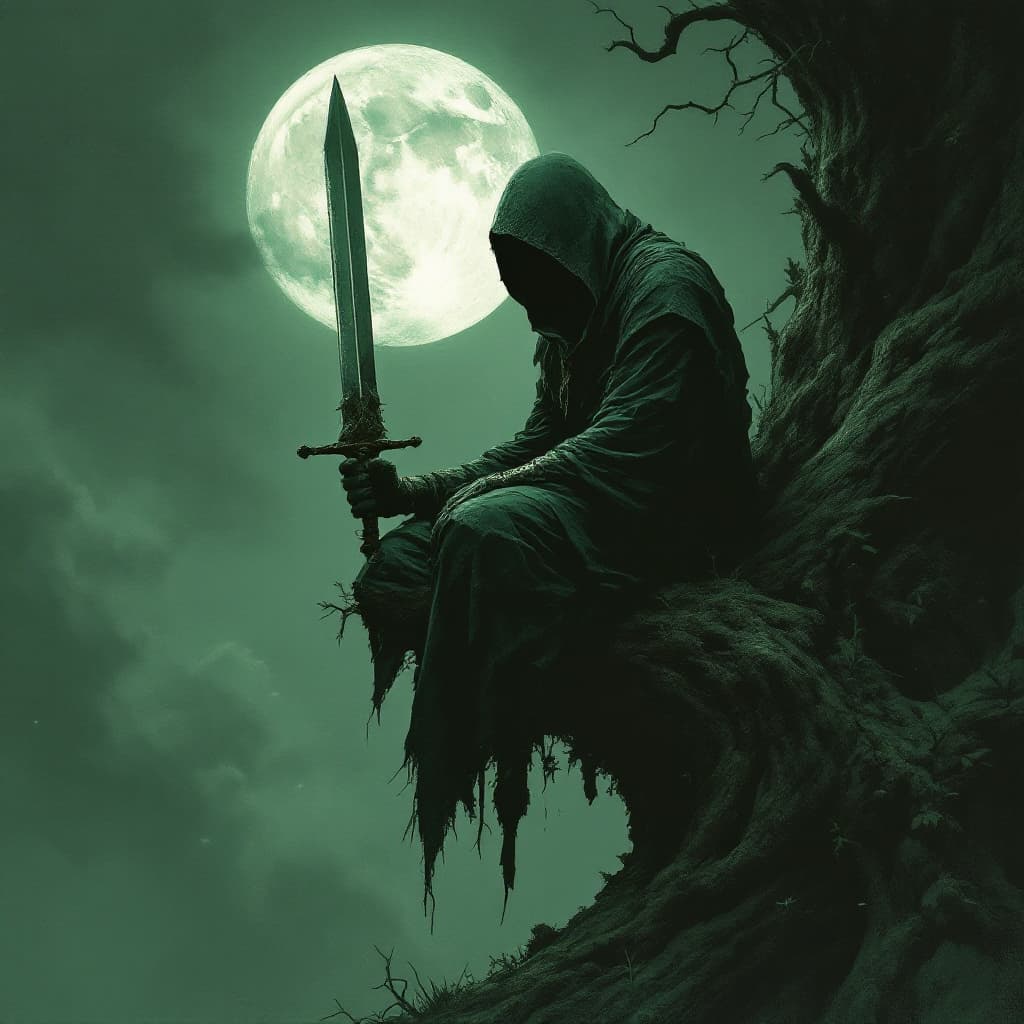 AI generated: A hooded figure sits on the edge of an old tree, holding a sword in one hand, under a full moon, fan...