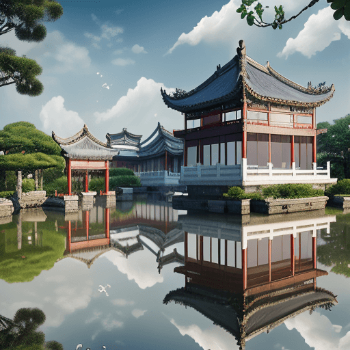 AI generated: dream like world, chinese garden architecture,suzhou style,white clouds lingering,seven fairies,surr...