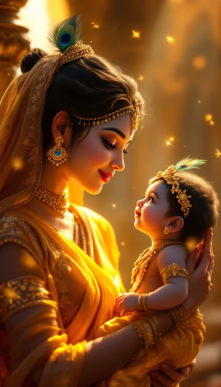 AI generated: "A divine and heartwarming scene of Mother Yashoda lovingly holding baby Krishna in a royal palace s...