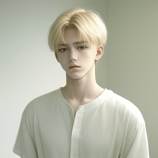 AI generated: A handsome boy, 20-year-old, blond hair, white shirt, lonely, dreamy, soft light, simple, Fuji style