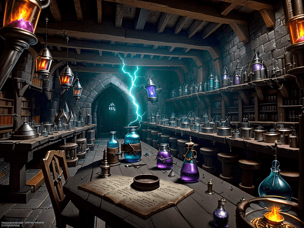 AI generated: "inside of wizard's Alchemist Workshop, (potions on the first set:1. 3), depth of field, medieval st...