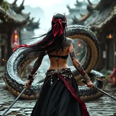 AI generated video: The woman's hair moves in the wind as she raises her swords, the snake's coils flow quickly in place