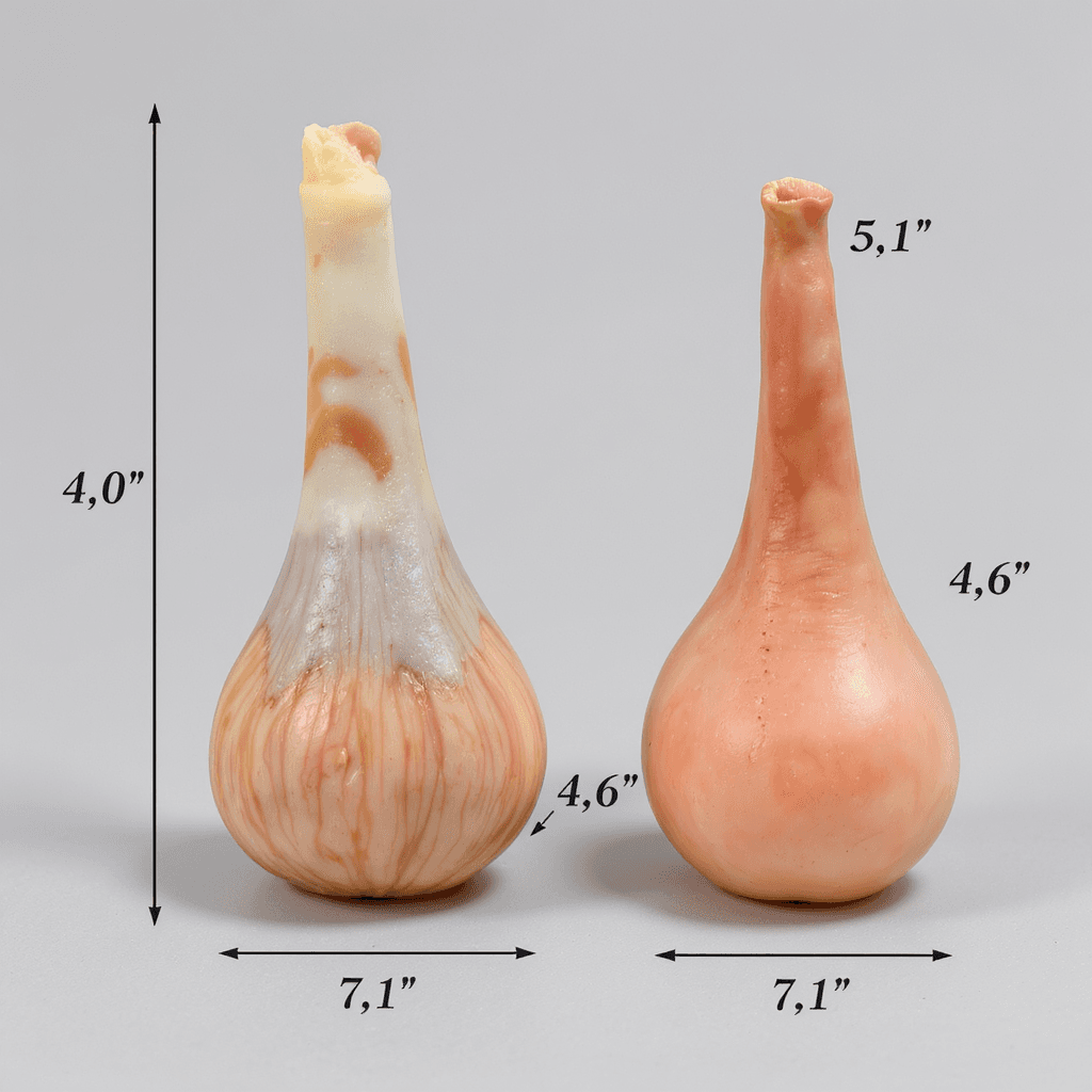 AI generated: an erect penis 7.1 inches long with a 5.5 girth right next to an erect 5.1 inch penis with a 4.6 gir...