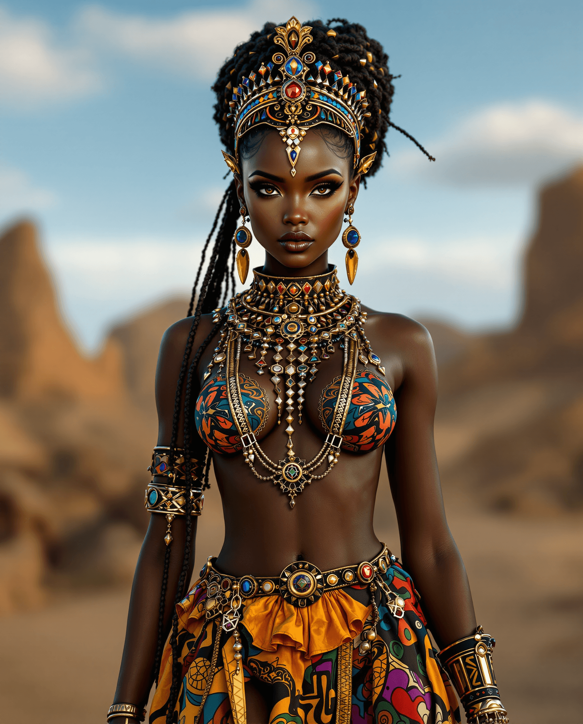 AI generated: Photo of a ultra realistic of an African queen of Sheba very sultry look, so hot girl, beautiful cha...