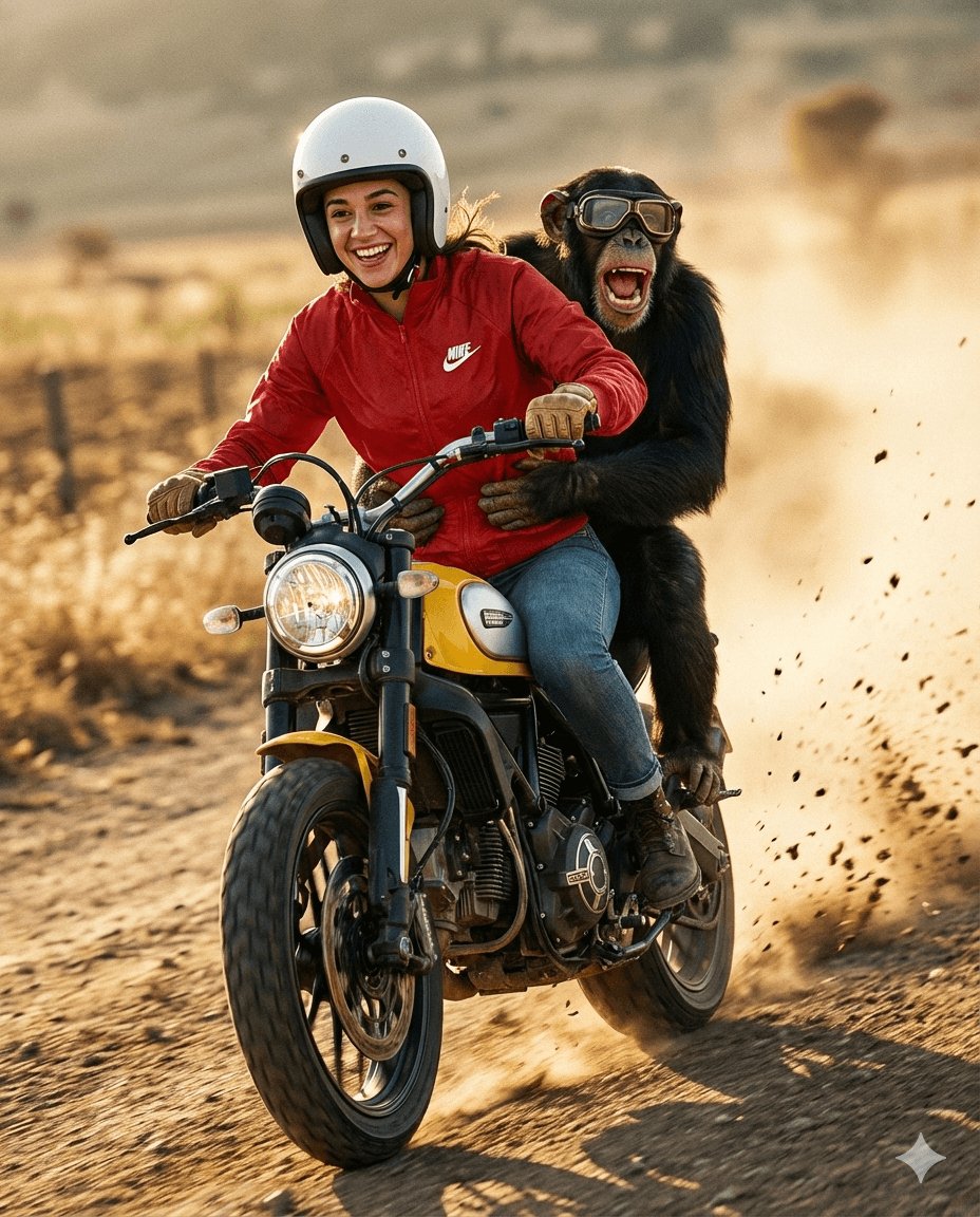 AI generated: Cinematic, ultra-realistic action photograph of a joyful woman riding a yellow scrambler-style motor...
