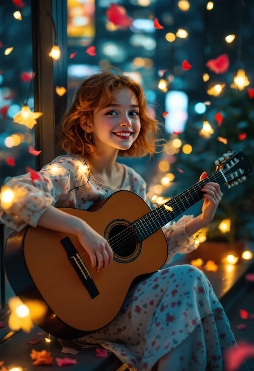 AI generated: action  dynamic pose, tiny  electric warm glowing bulbs , night city , happy  tender ginger  girl  p...