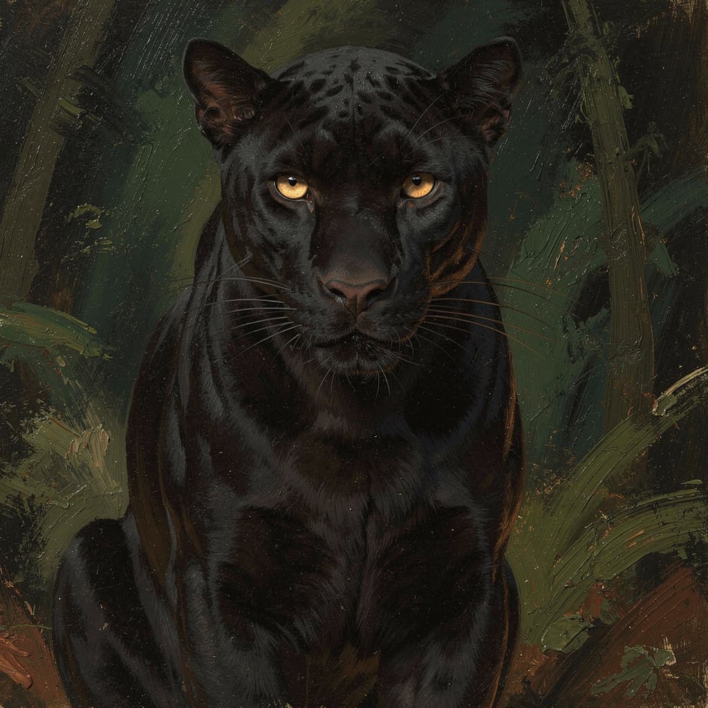AI generated: a majestic black panther with piercing golden eyes The panther's sleek, glossy fur reflects the ligh...