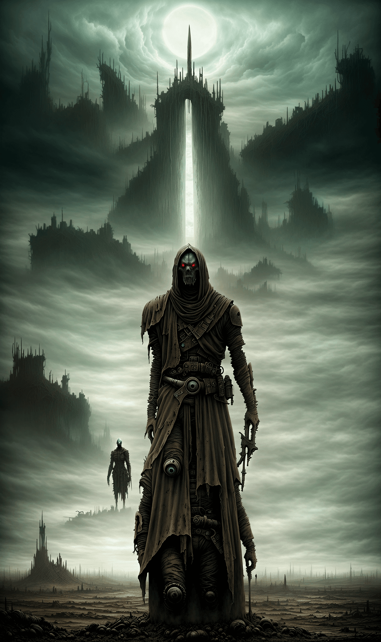 AI generated: Zdzisław Beksiński style, wasteland, post apocalyptic, nightmare, dark human shaped figure, 4k, wret...