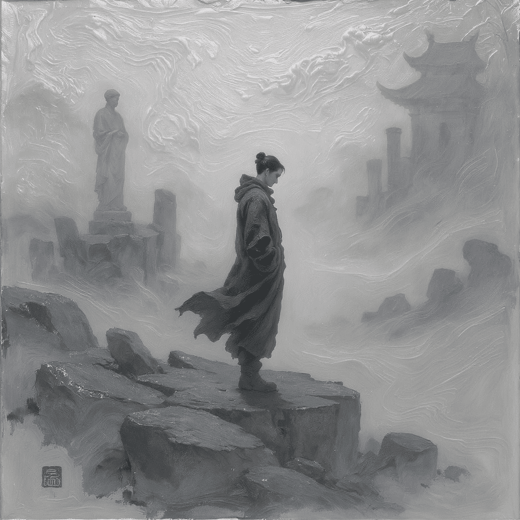 AI generated: A solitary figure stands in a dreamlike landscape where fog and time seem to merge. The background i...