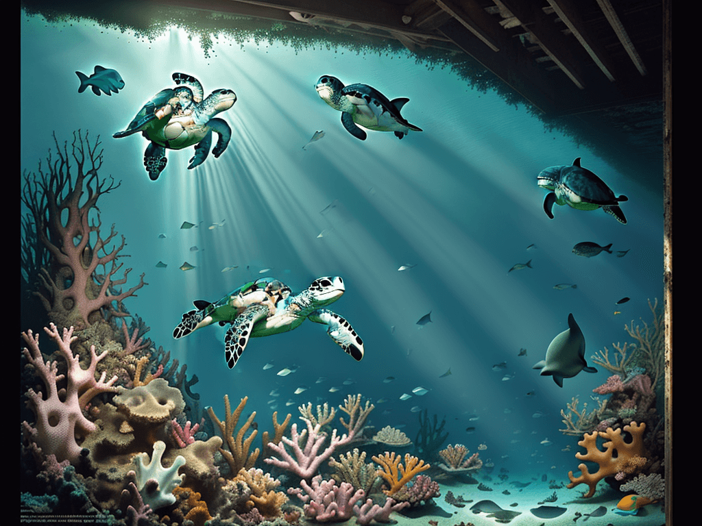 AI generated: Hyper realistic eye level diving photo of a baby happy green sea turtle, old wreck under the sea, fr...