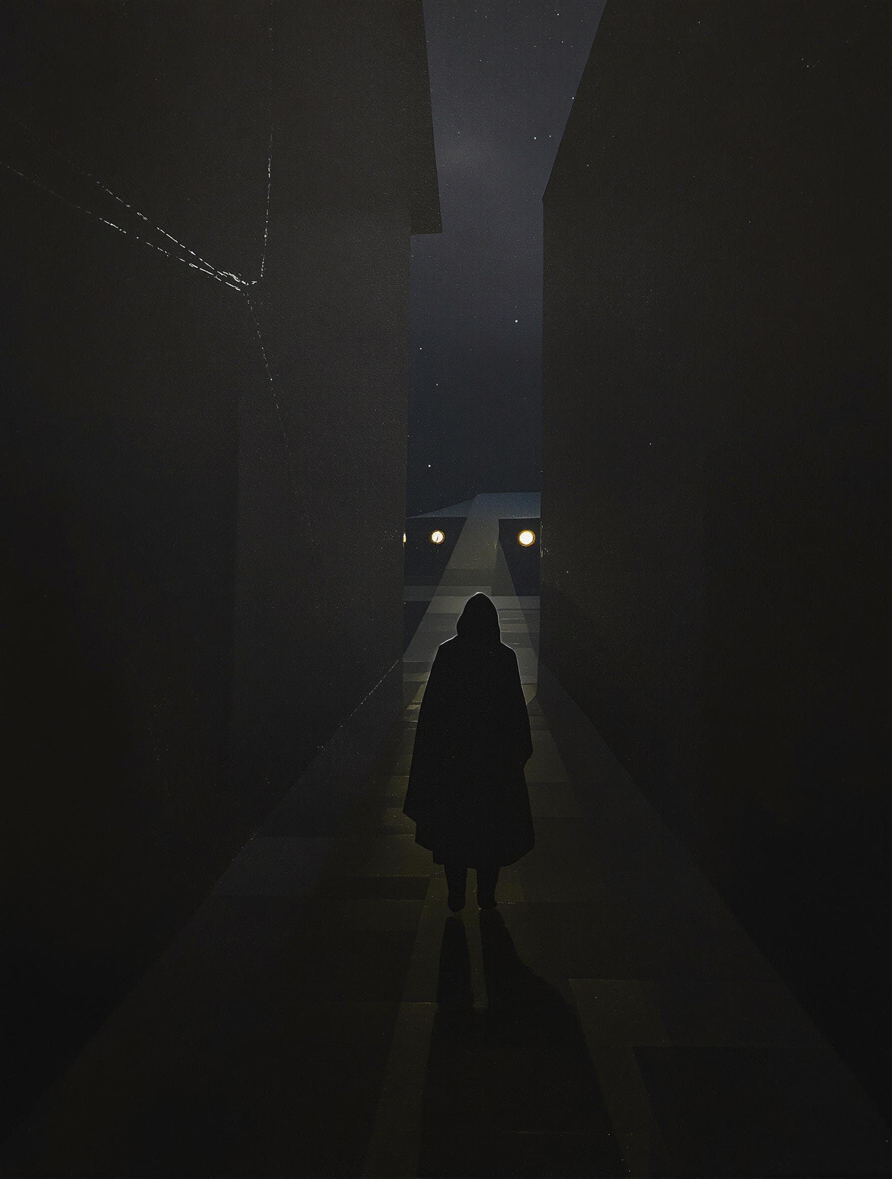 AI generated: A surreal painting inspired by René Magritte. The composition features a man, in a hooded cloak, wal...