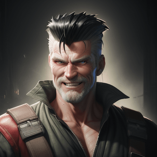 AI generated: 8k a middle aged country man with street fighter guile black hair with baggy bright clothing and ver...