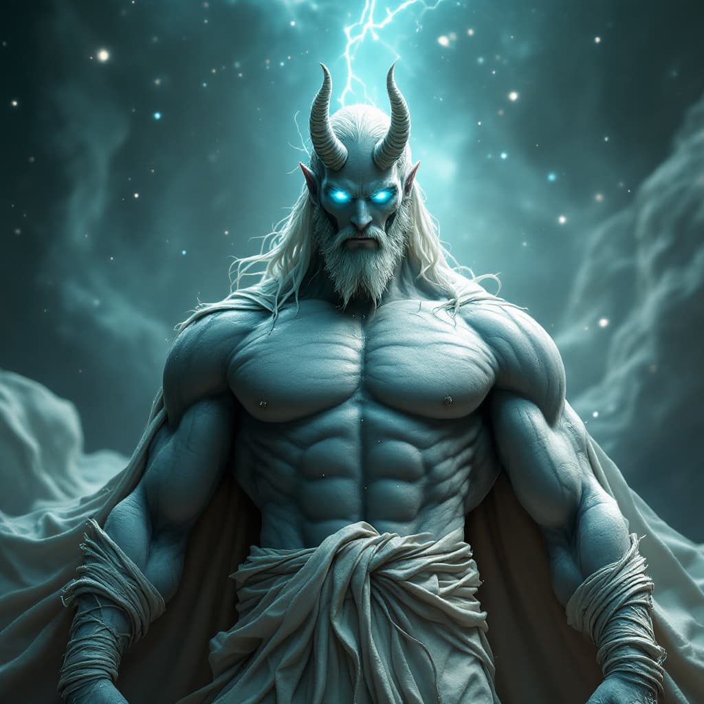 AI generated: God of Healing and sickness, full-body, Etherial, muscular, No mouth or hair, Glowing blue and green...
