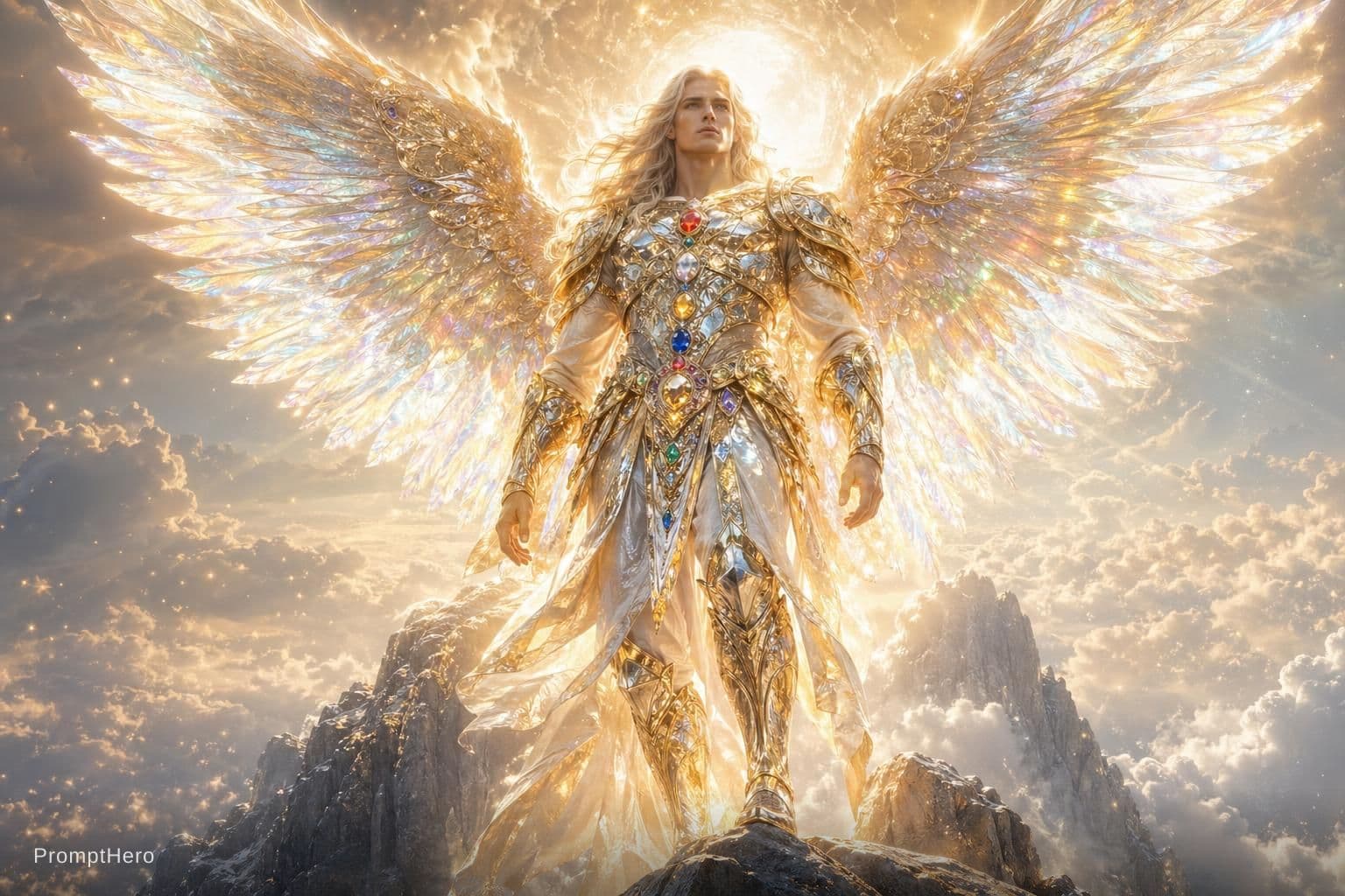 AI generated: A hyper-realistic, breathtakingly handsome male angel stands in radiant heavenly glory, his entire f...