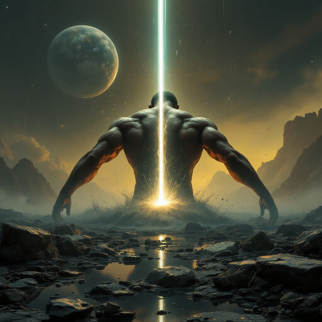 AI generated: Darkwave, synthwave,  epic music album cover. It portrays a close up of a floating very muscular per...