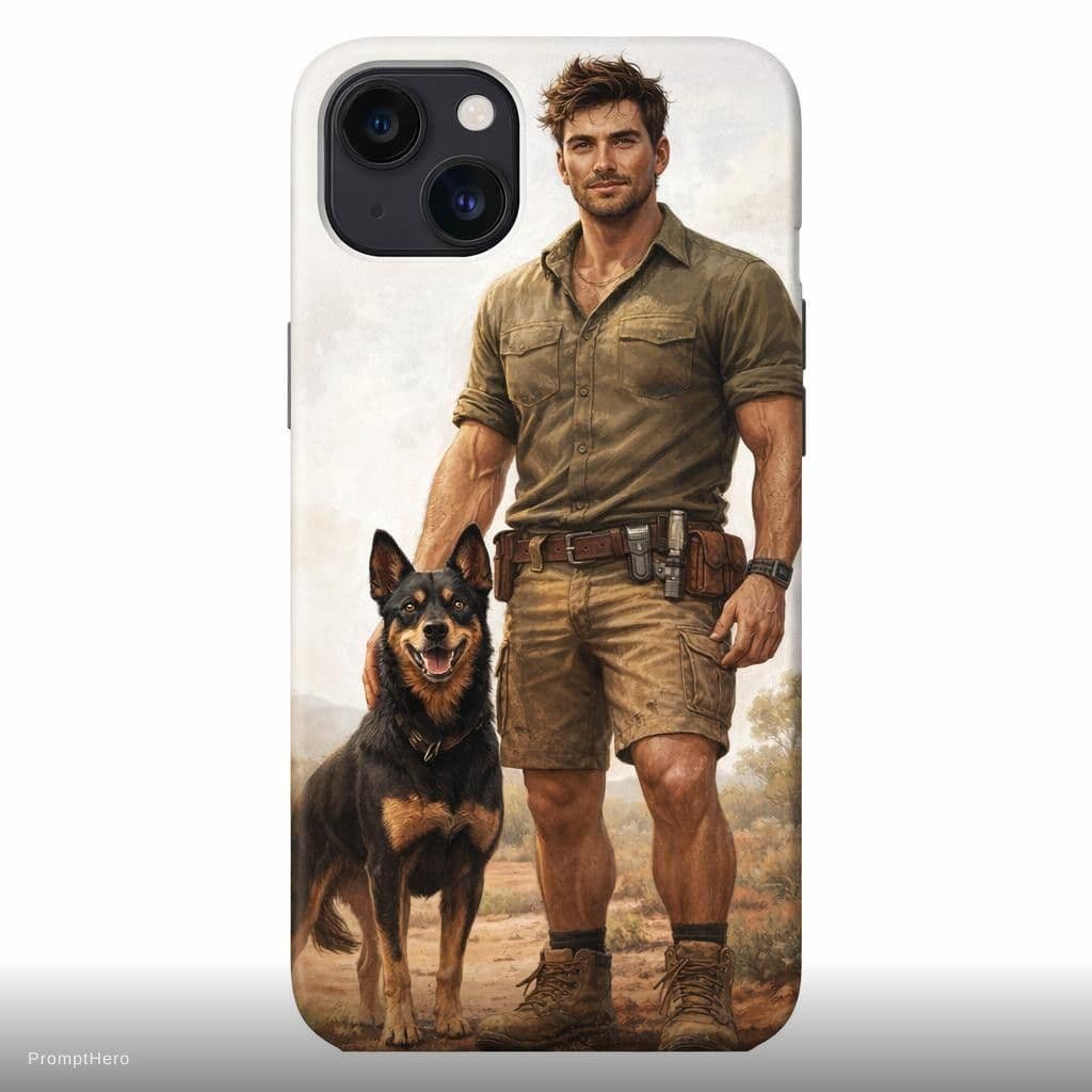AI generated: Create a striking, realistic illustration for a men's phone case, featuring an Australian man with h...