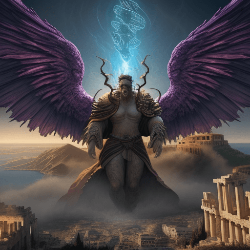 AI generated: A tapestry of a giant monster in a robe with two giant wings sticking out of it destroying a greek c...