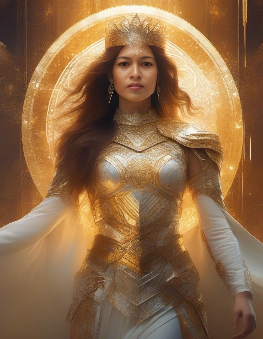 AI generated: full body, A visual stunning photography of an girl, wearing gold and silver crystal armor, heaven b...