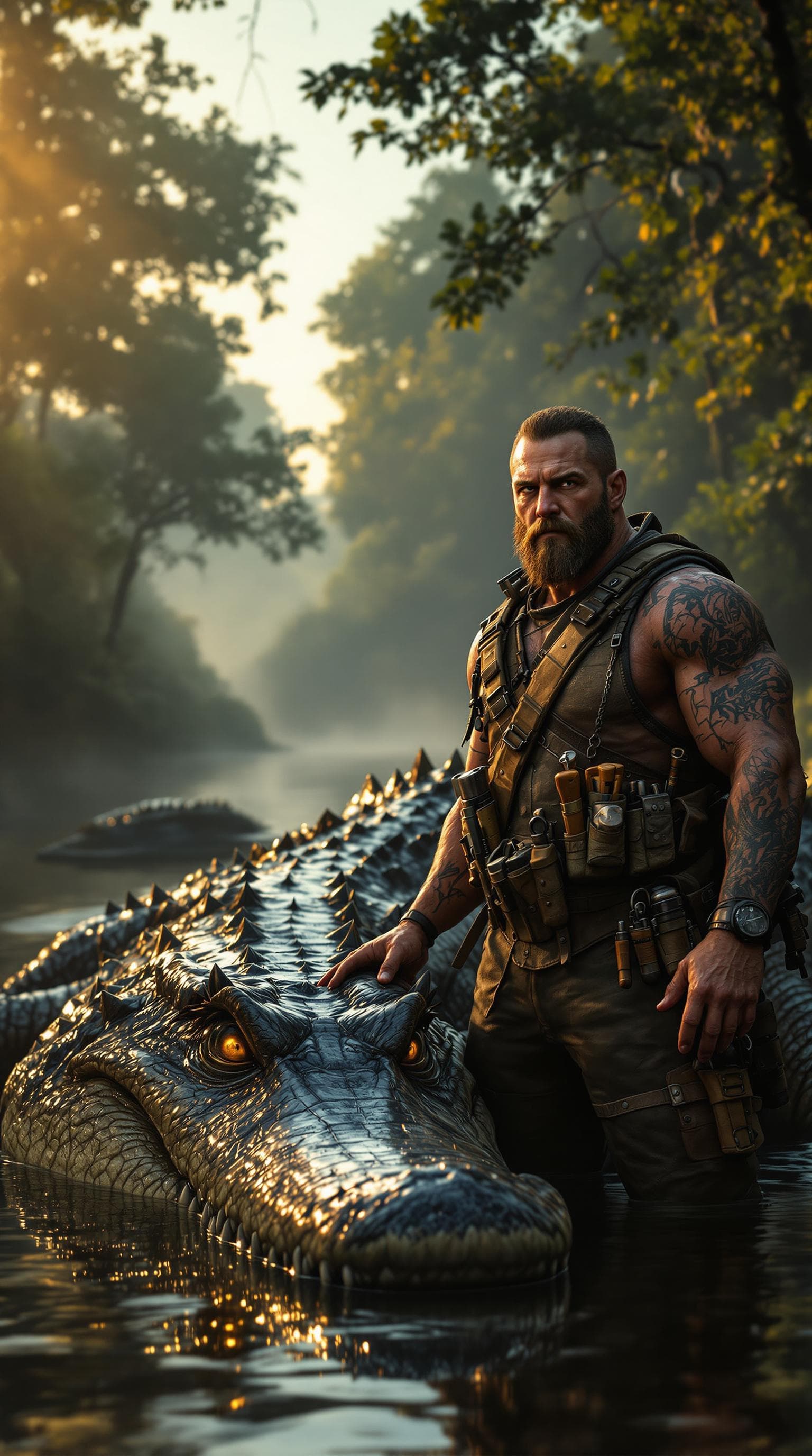 AI generated: A hyper-realistic scene of a rugged man standing confidently next to his giant pet crocodile. The cr...