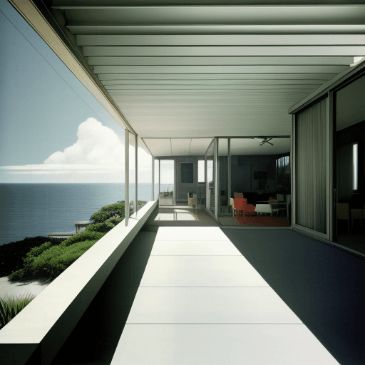 AI generated: Hyper realistic eye level exterior photo of a mid century modern style house overlooking the ocean, ...