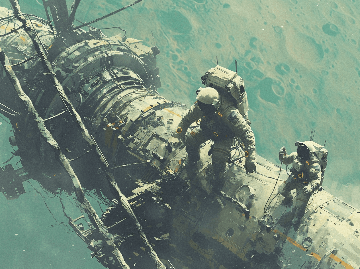 AI generated: Soviet space station, two cosmonauts working on the structure of an interstellar spacecraft, greenis...