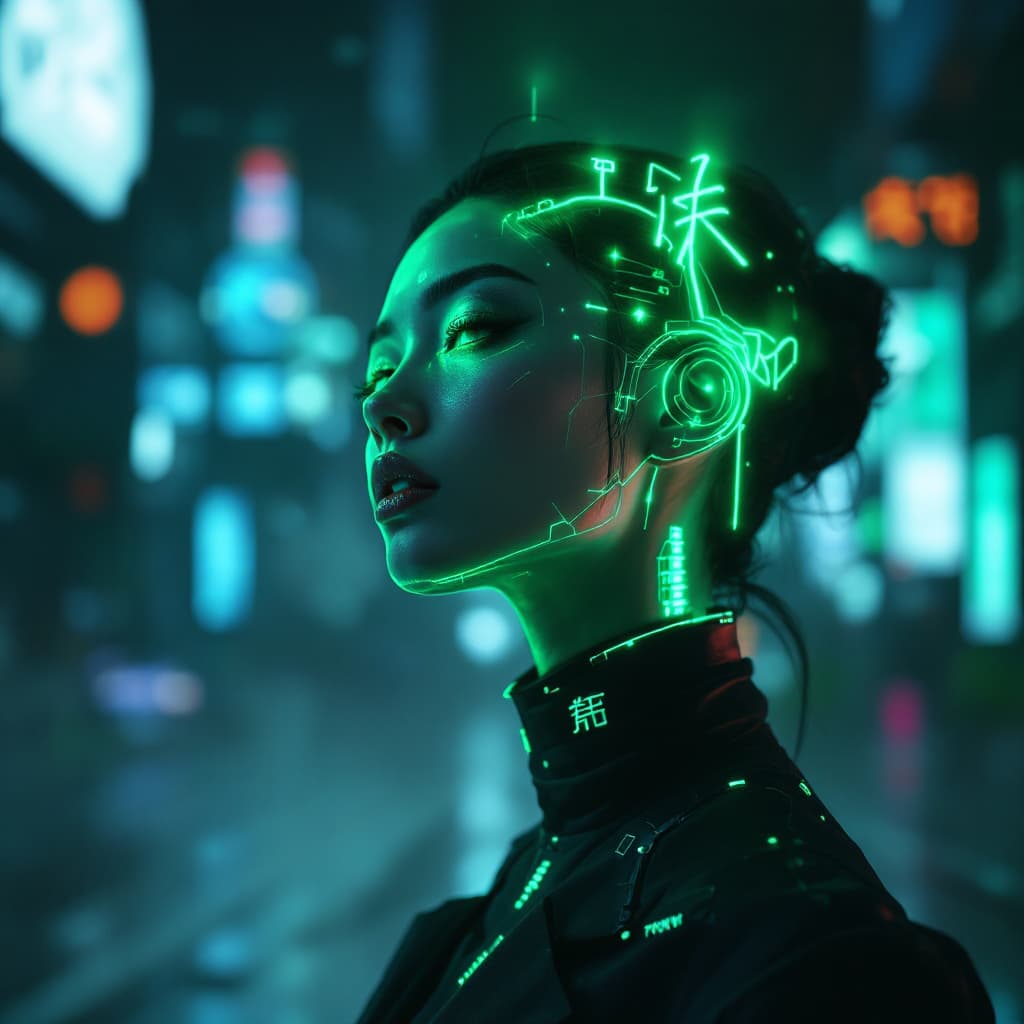 AI generated: Portrait futuriste et éthéré d'une femme avec une peau parfaite, inspiré de l’esthétique cyberpunk j...