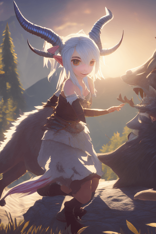 AI generated: ( a cute silver-haired girl with real devil horns patting the wolf), In a stunning fantasy world,bre...