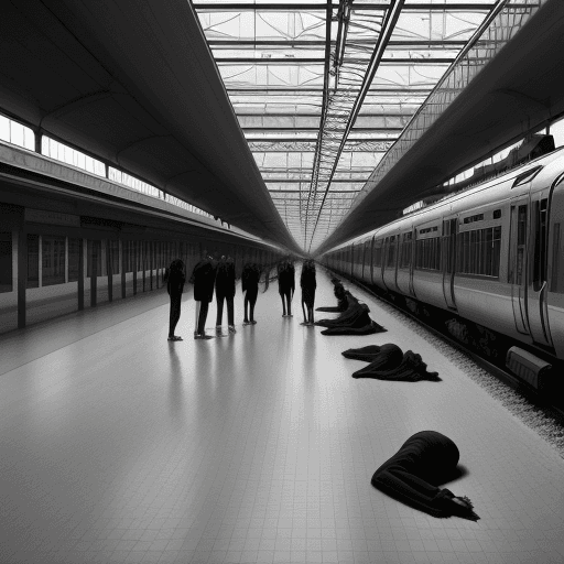 AI generated: A colorless amalgamation of fused bodies crawling through a barren train station