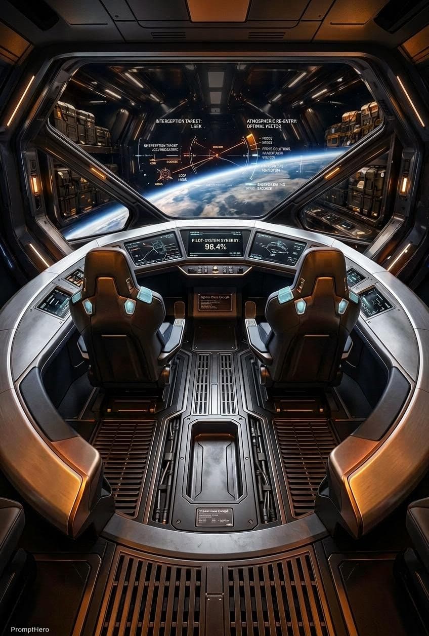 AI generated: Prompt:
A compact Fighter-Class starship dual-seated cockpit engineered for high-speed interception,...