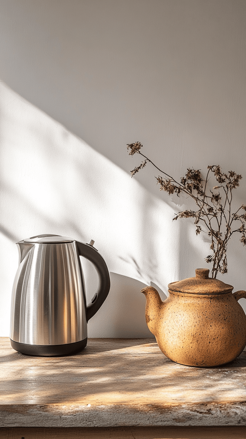 AI generated: A minimalist, stainless steel electric kettle next to a hand-crafted clay teapot with earthy tones a...