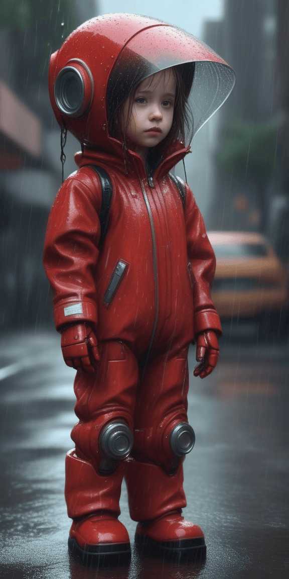 AI generated: young girl with a red robot suit standing in the rain, in the style of detailed hyperrealism, skotti...