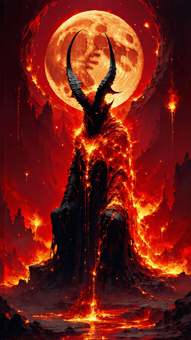 AI generated: A colossal, shadowy figure looms over a surreal, neon-lit underworld, its horns spiraling into infin...