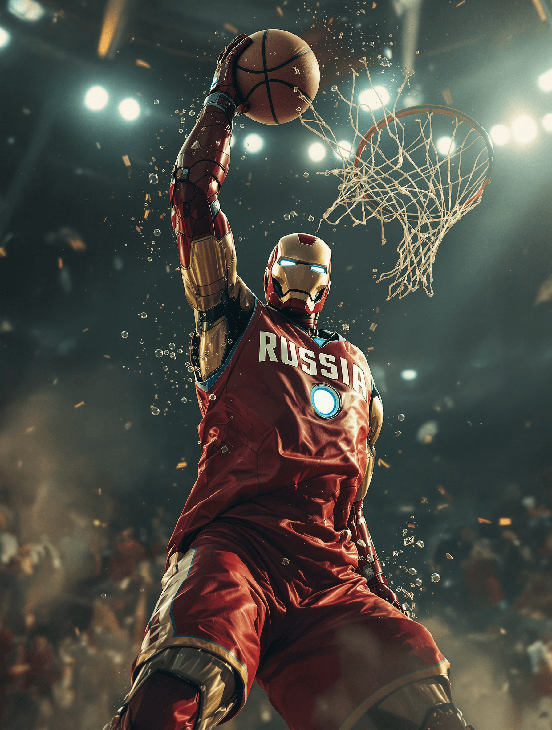 AI generated: marvel iron man playing basketball, dressed in russia uniform, russia jersey, realistic perspective,...