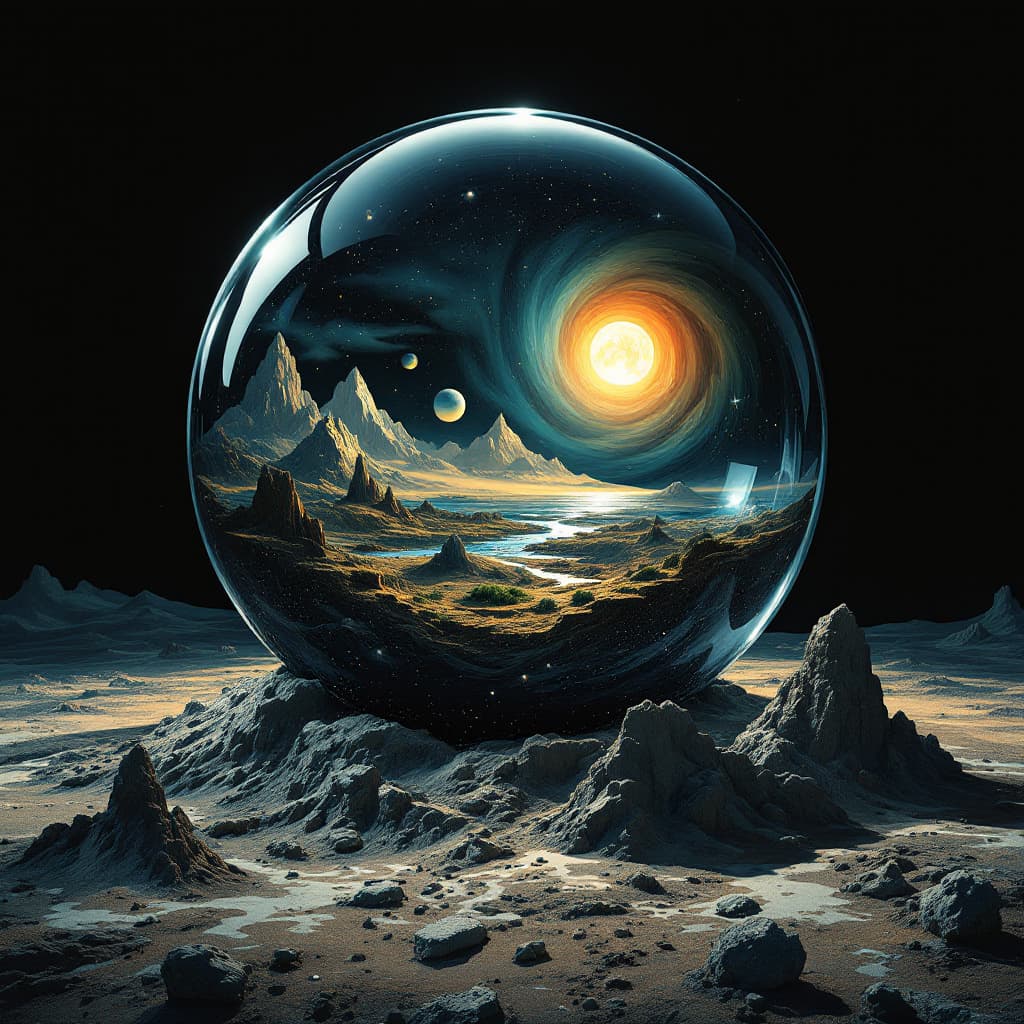 AI generated: Photography, illustration, painting, work of art, surreal, Op-Art, hyper-detailed of a glass sphere ...