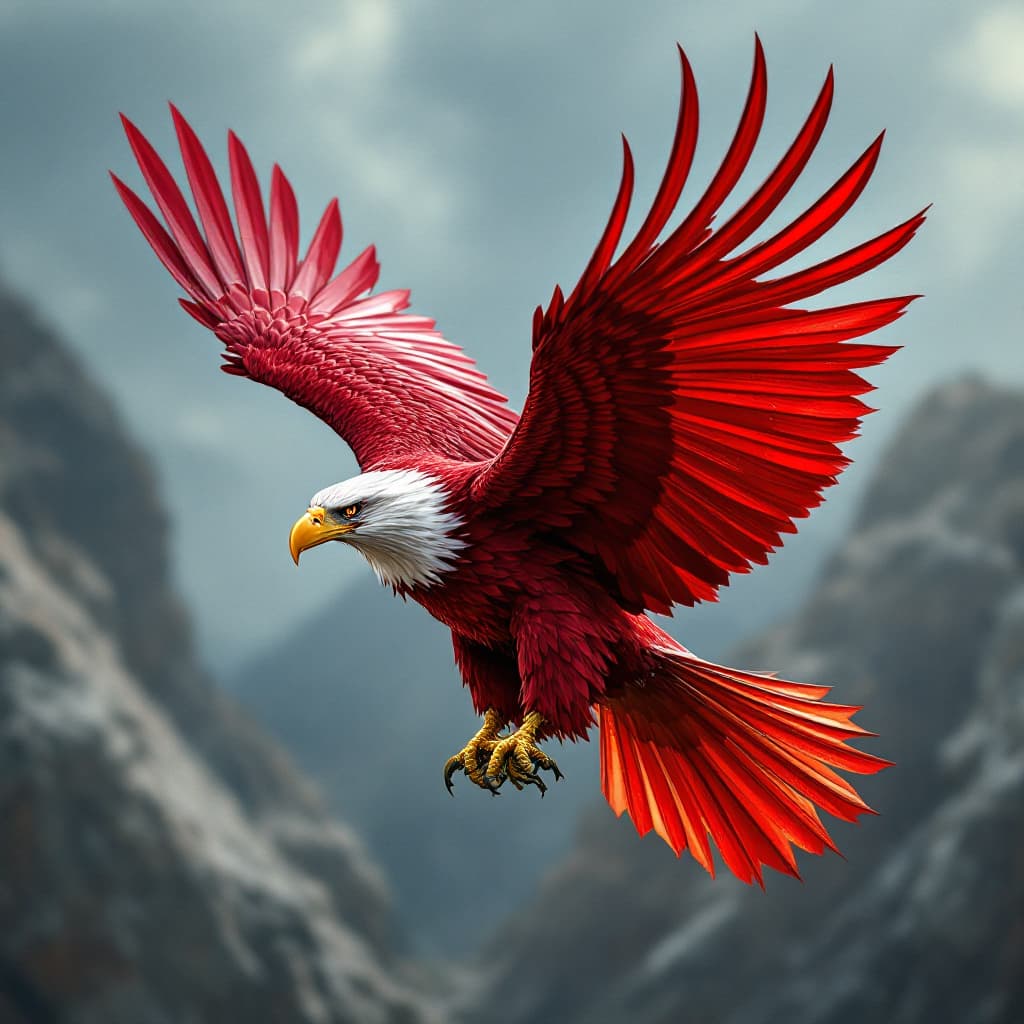 AI generated: eagle red flying de perfil derecho  color 
rojo 
 UHD que tenga forma de  escudo militar 