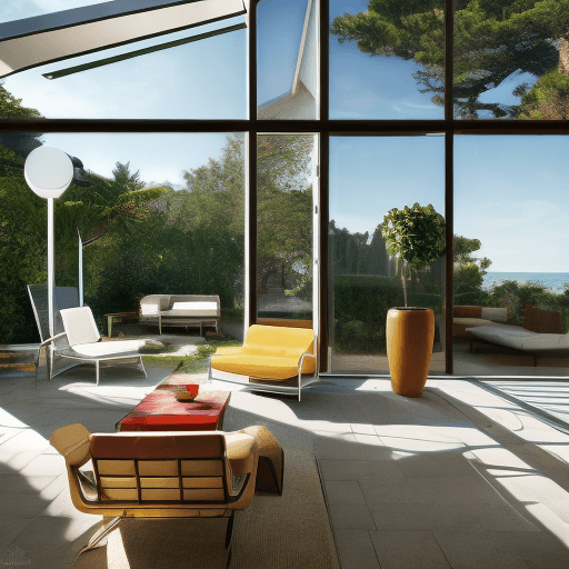 AI generated: Hyper realistic eye level exterior photo of a mid century modern style house overlooking the ocean, ...