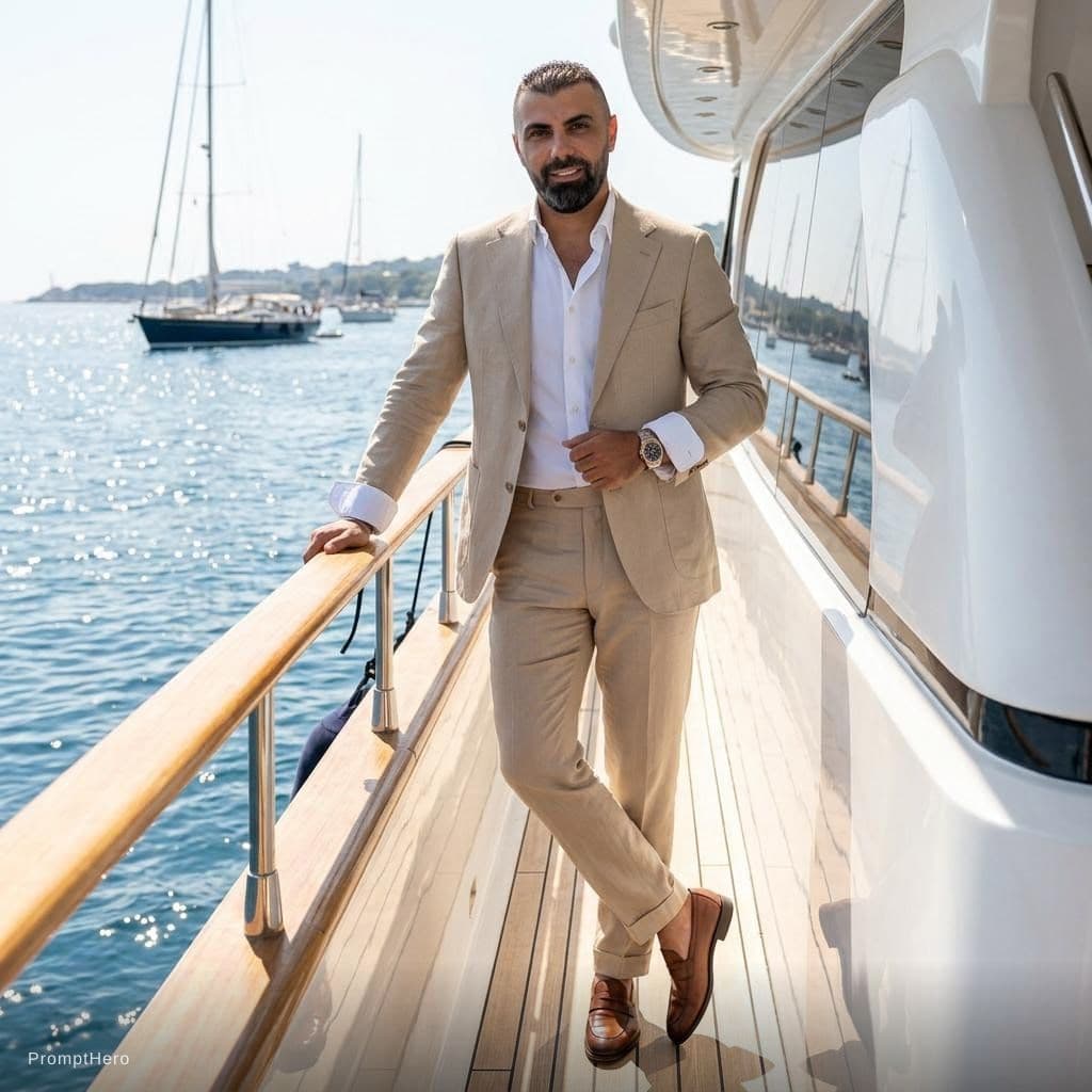 AI generated: Create a high-end fashion image of a male model wearing a tailored summer suit with an open shirt. P...