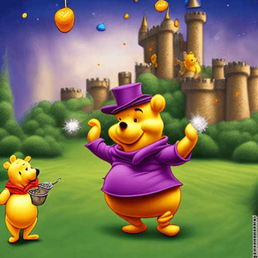 AI generated: art design winnie the pooh 
magician in front of castle with energy balls from his hand