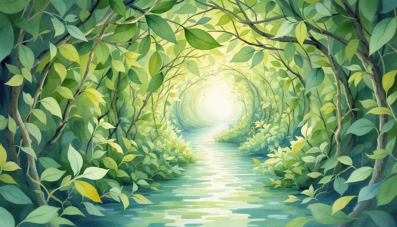 AI generated: water color work, pastel colors, a tunnel of greeneries , leaves and twigs, travelling through the t...