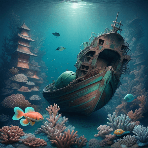 AI generated: a deeper dreamy boat wreck, one lightly dreamy baby green turtle floating and looking at us, lot of ...