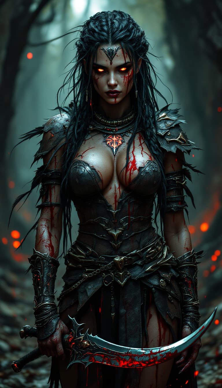 AI generated: An ultra-realistic, full-body portrait of a blood-soaked huntress woman, exuding a chilling ruthless...
