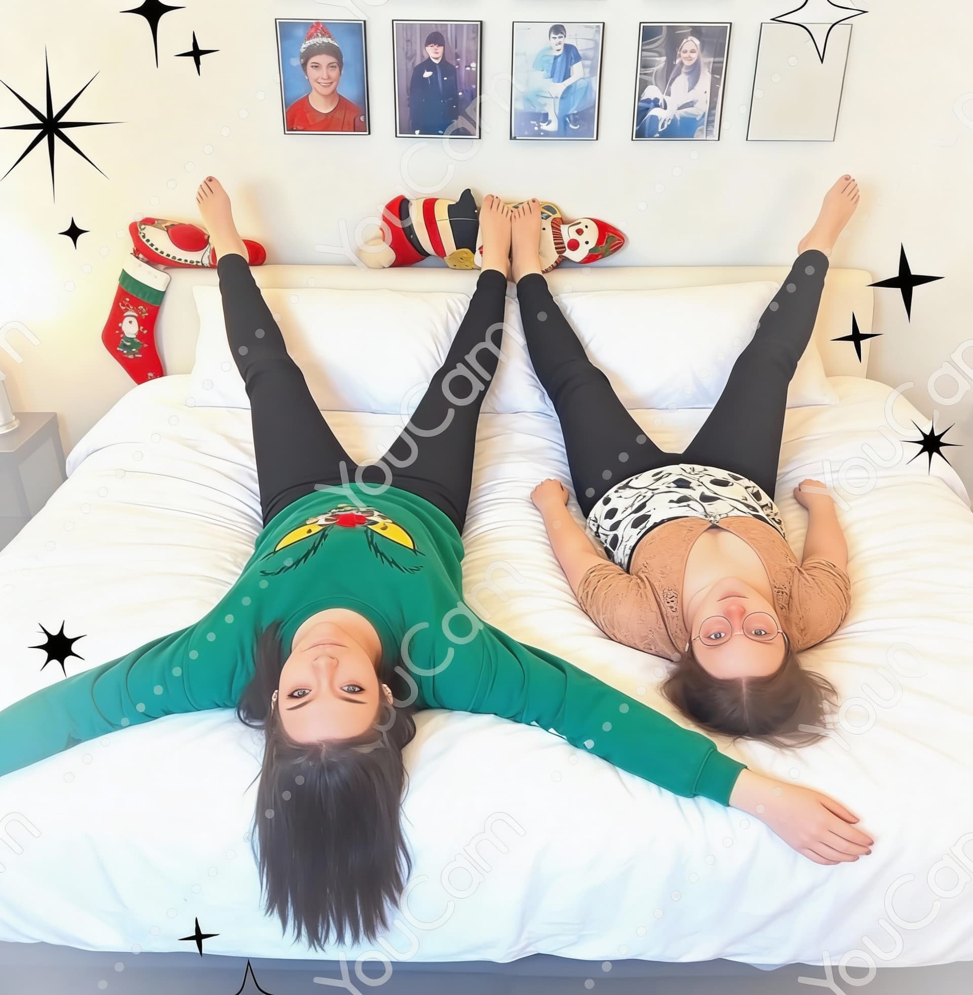 AI generated: the two women laying on their backs on a large white bed with their legs high in the air spread eagl...