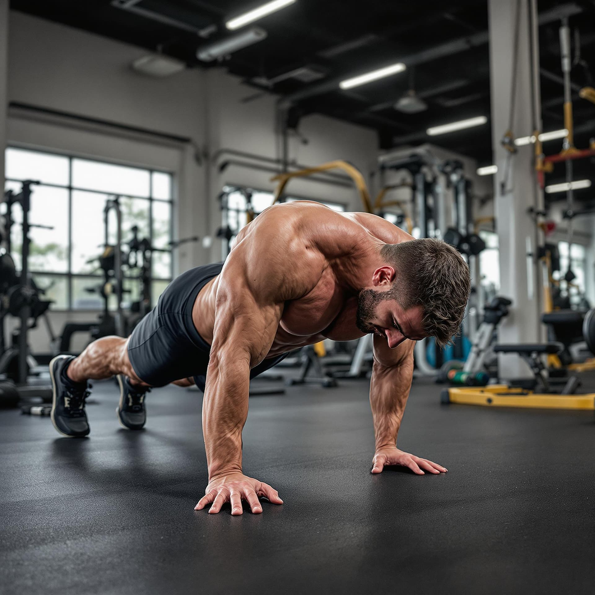 AI generated: man doing push up exercise with dumbbell