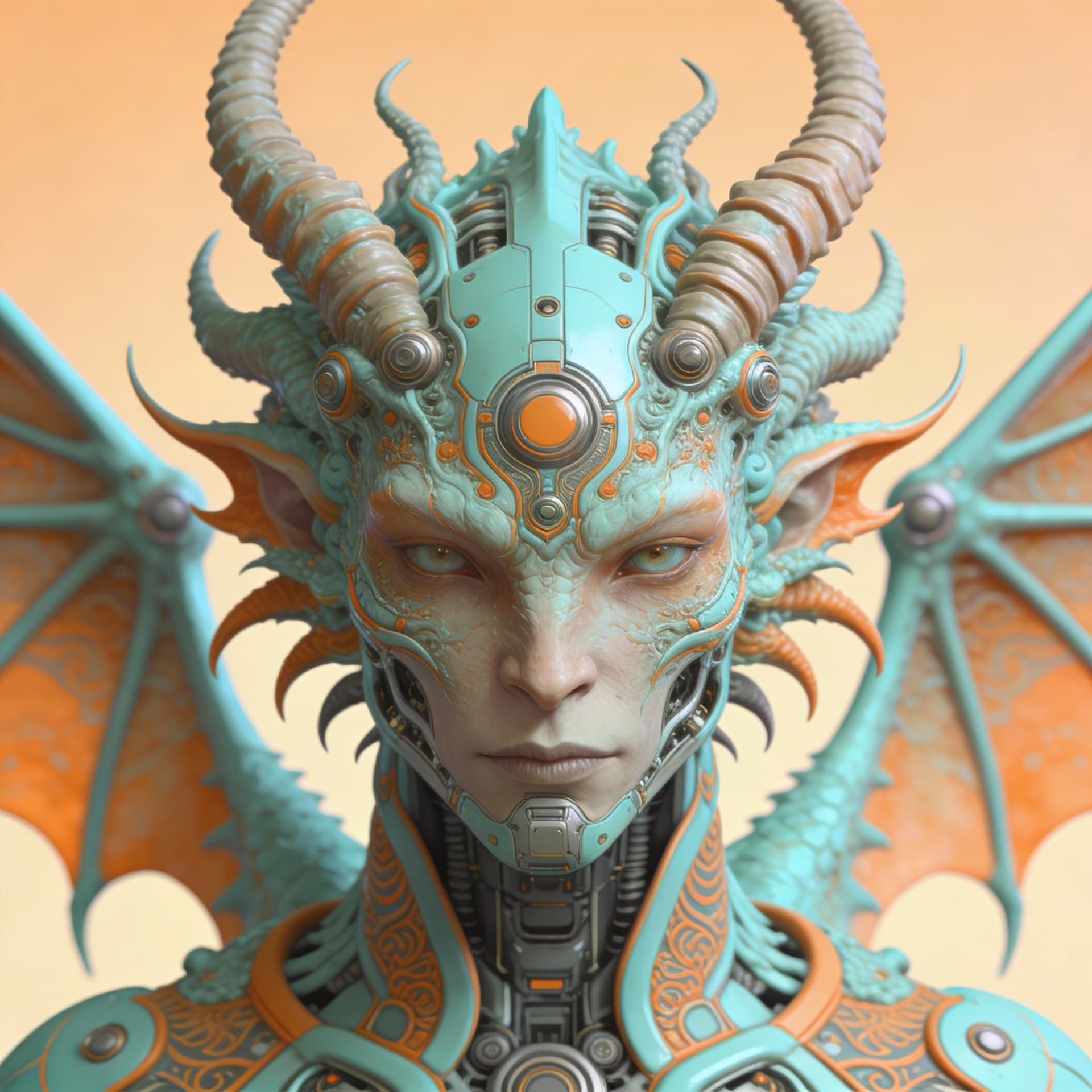 AI generated: alien cyborg art and illustration by theo el, in the style of balanced symmetry, light orange and cy...